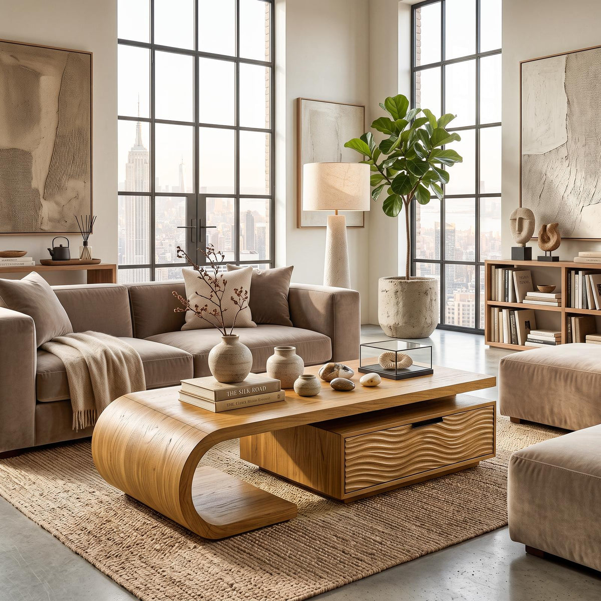Modern Wooden Coffee Table with Storage Cabinet, Handcrafted Solid Wood Living Room Center Table, Model