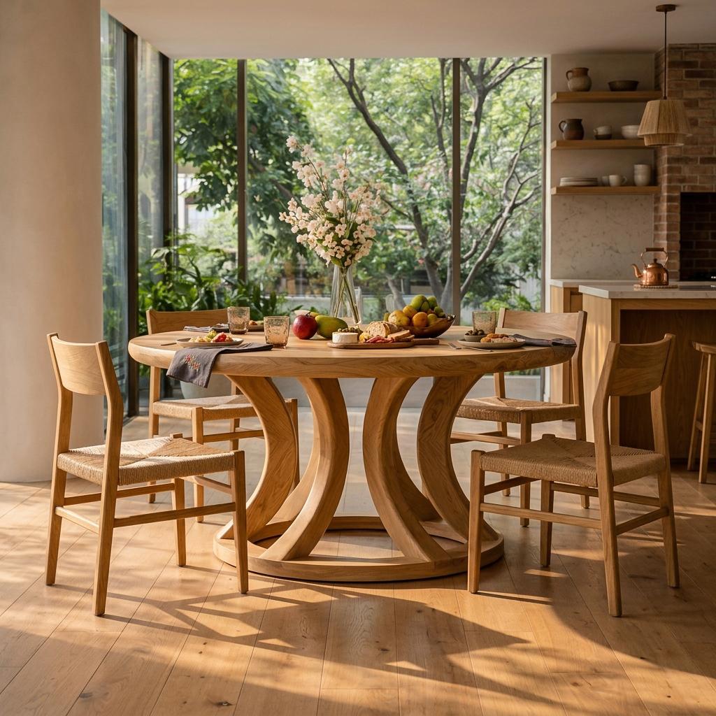 Spry Interior Contemporary Round Dining Table with Curved Unique Base, Handcrafted Solid Wood Kitchen Dining Table, Model RTTHTTDN053