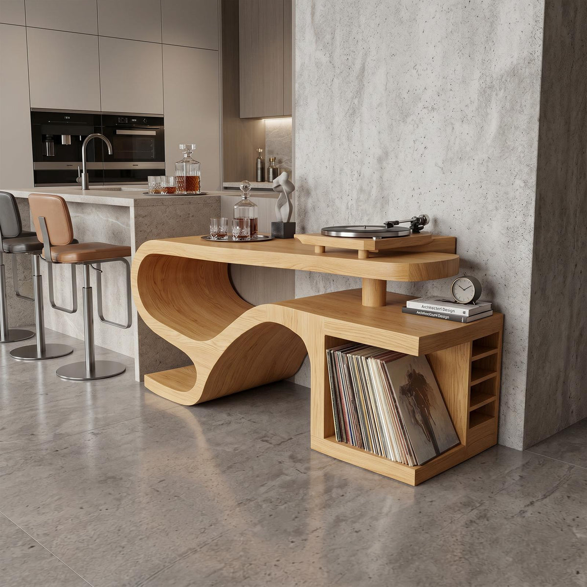 Spry Interior Minimalist Organic Wooden Record Player Stand, Handcrafted Modern Turntable Console Cabinet with Vinyl Storage, Model SILDTTRRPT043