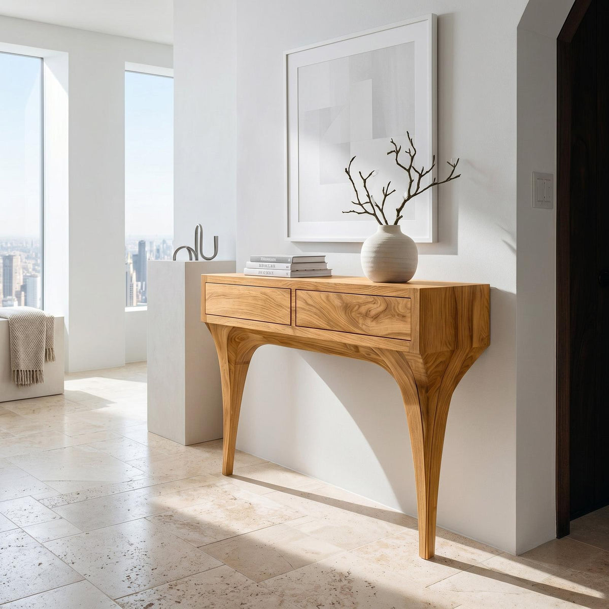Mid Century Console Table With Sculptural Base For Entryway
