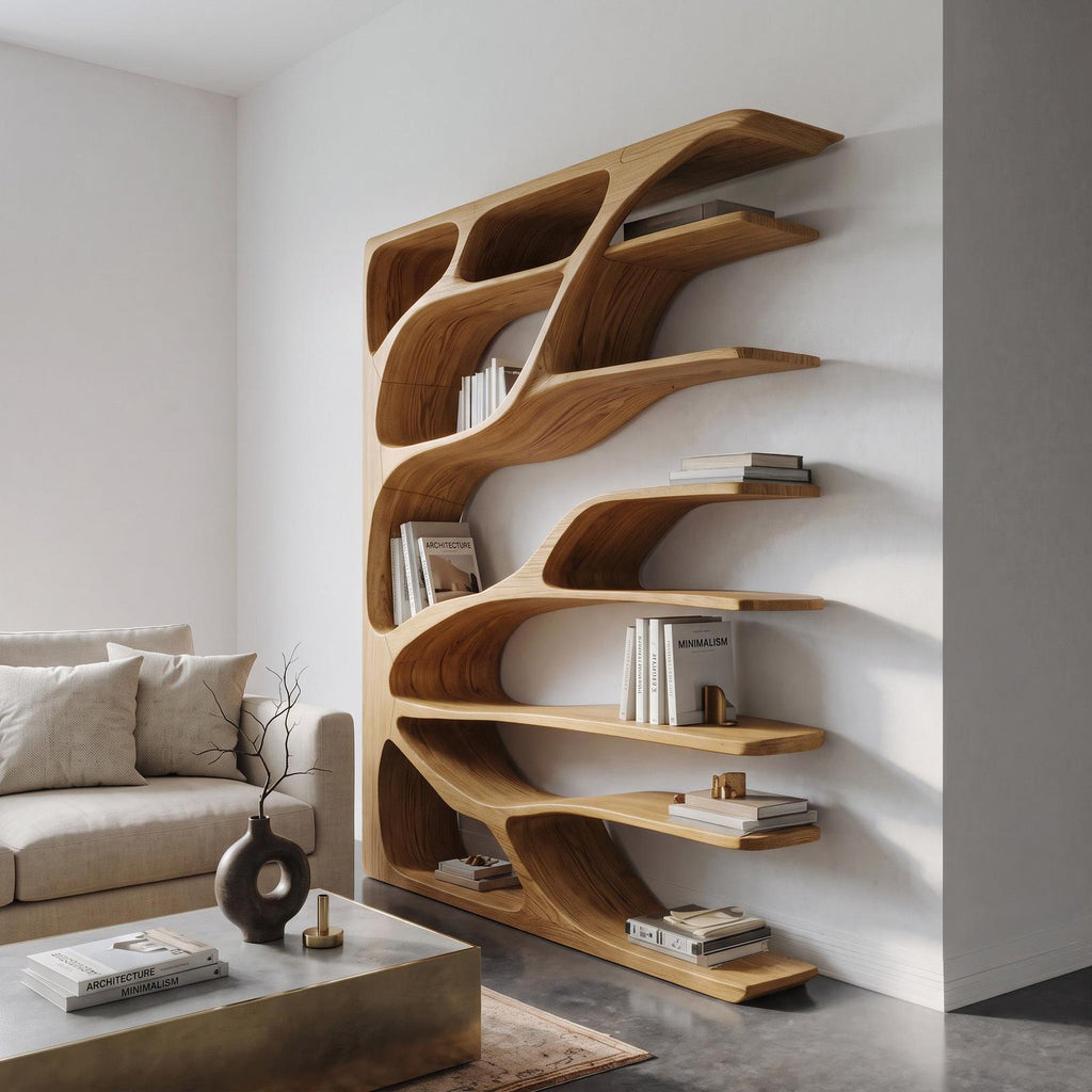 Modern Statement Bookshelf, Handcrafted Wood Bookcase & Sculptural Display Shelving Unit for Living Room Decor
