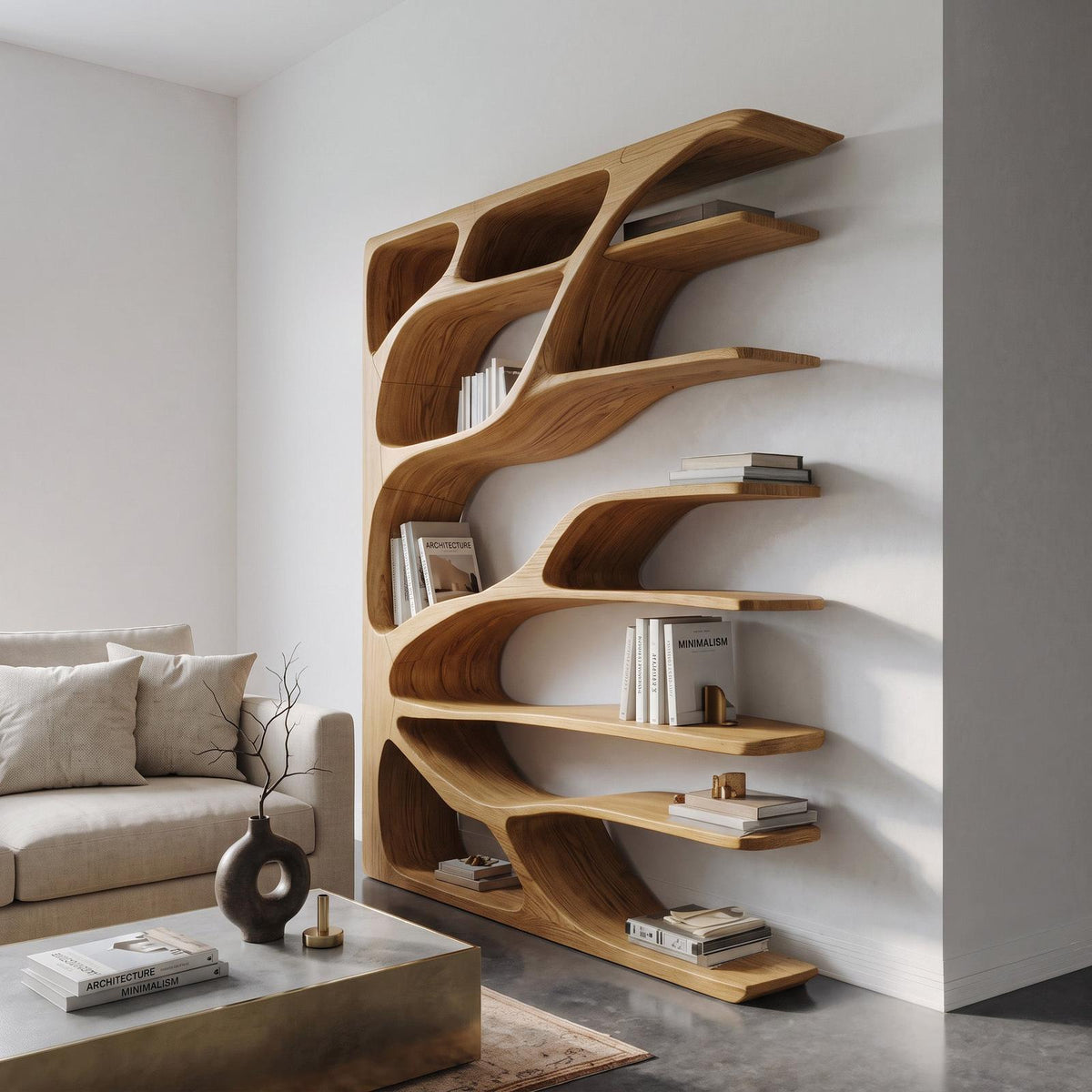 Modern Statement Bookshelf, Handcrafted Wood Bookcase & Sculptural Display Shelving Unit for Living Room Decor