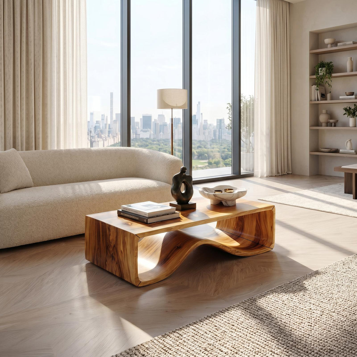 Wave Sculptural Wood Coffee Table, Modern Solid Wood Center Table for Library Lounge and Contemporary Living Room
