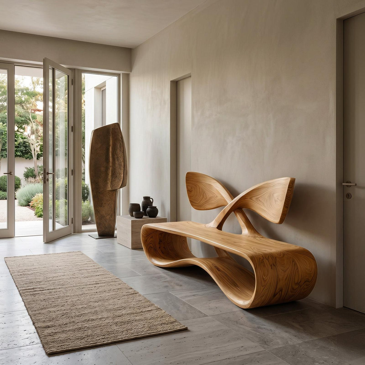 Contemporary Curved Bench With Cross Backrest For Living Room