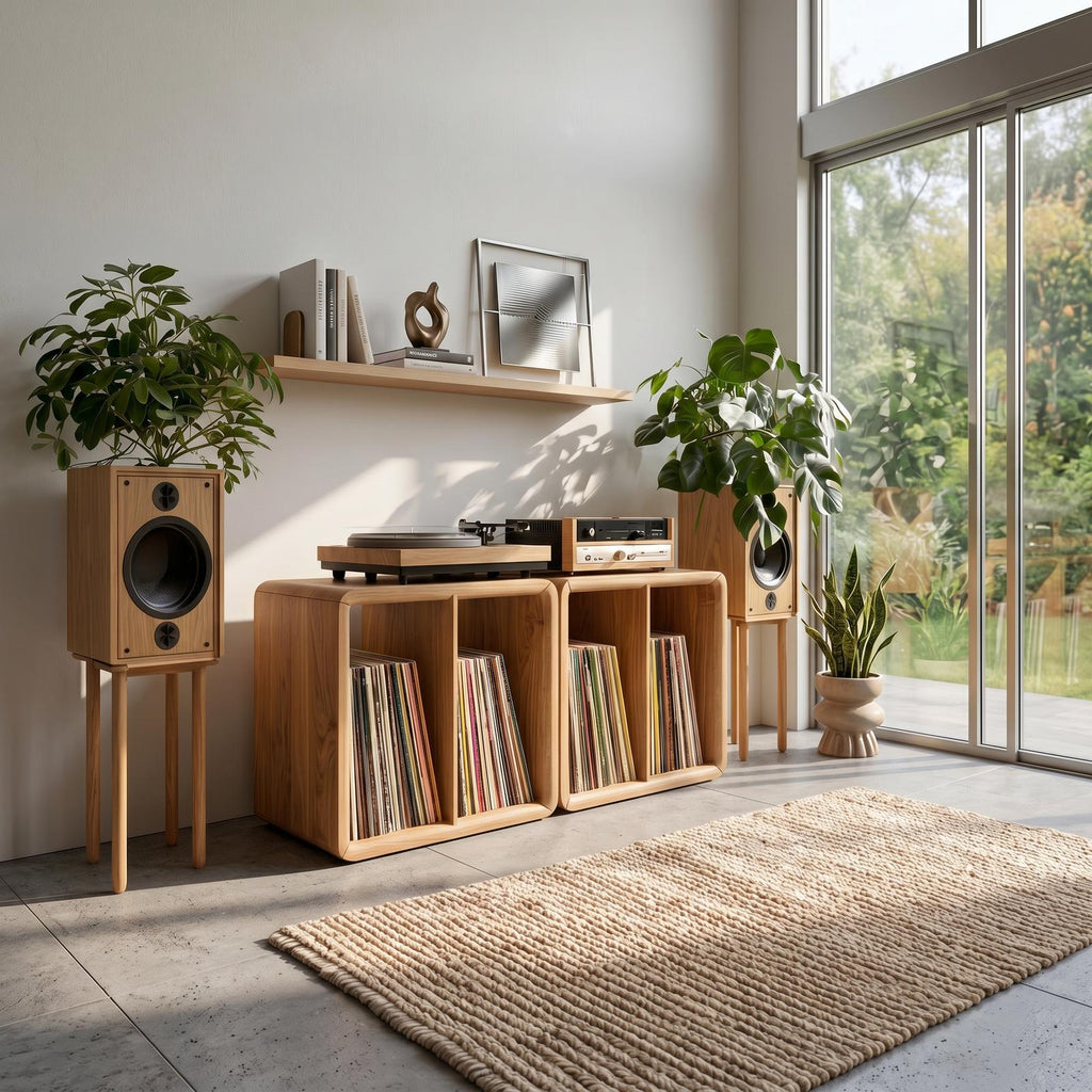 Minimalist Rounded Record Player Stand, Handcrafted Mid-Century Modern Wood Vinyl Storage Cabinet, Model
