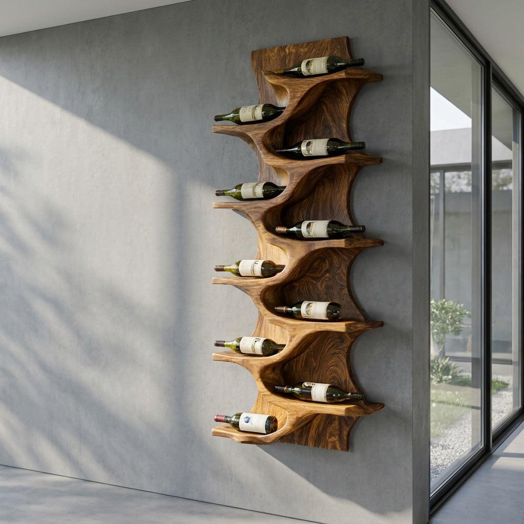 Rustic Natural Solid Wood Wine Rack, Handcrafted Wall Mounted Storage Shelf for Home Bar & Kitchen