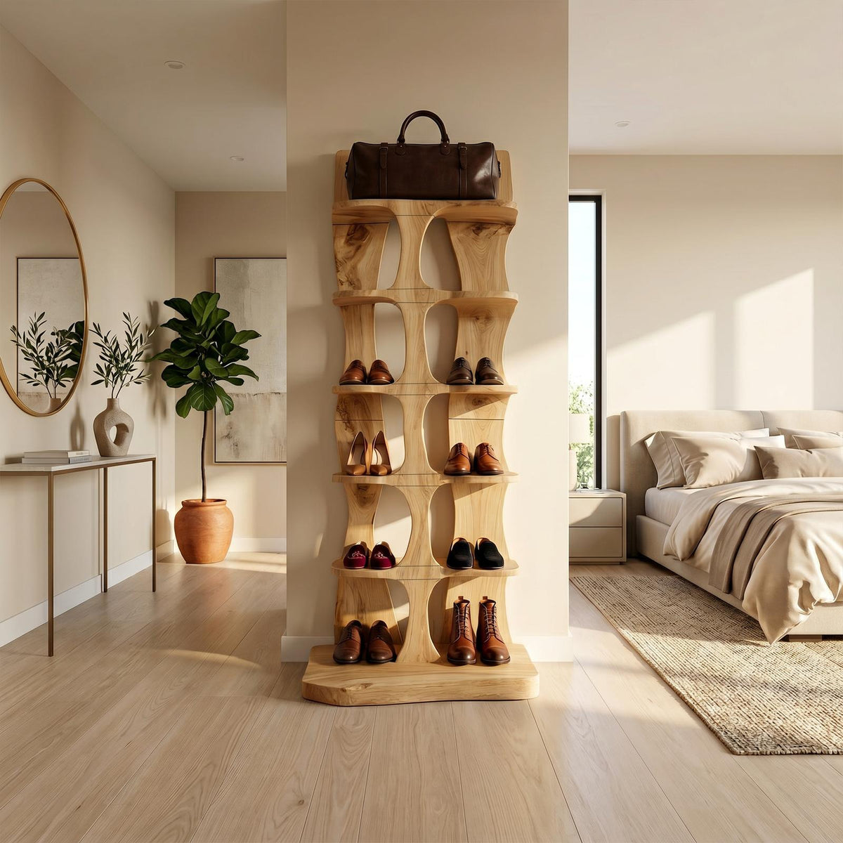 Mid-Century Tall Shoe Storage Rack, Wooden Multi-Tier Shoe Organizer Tower for Foyer & Entryway