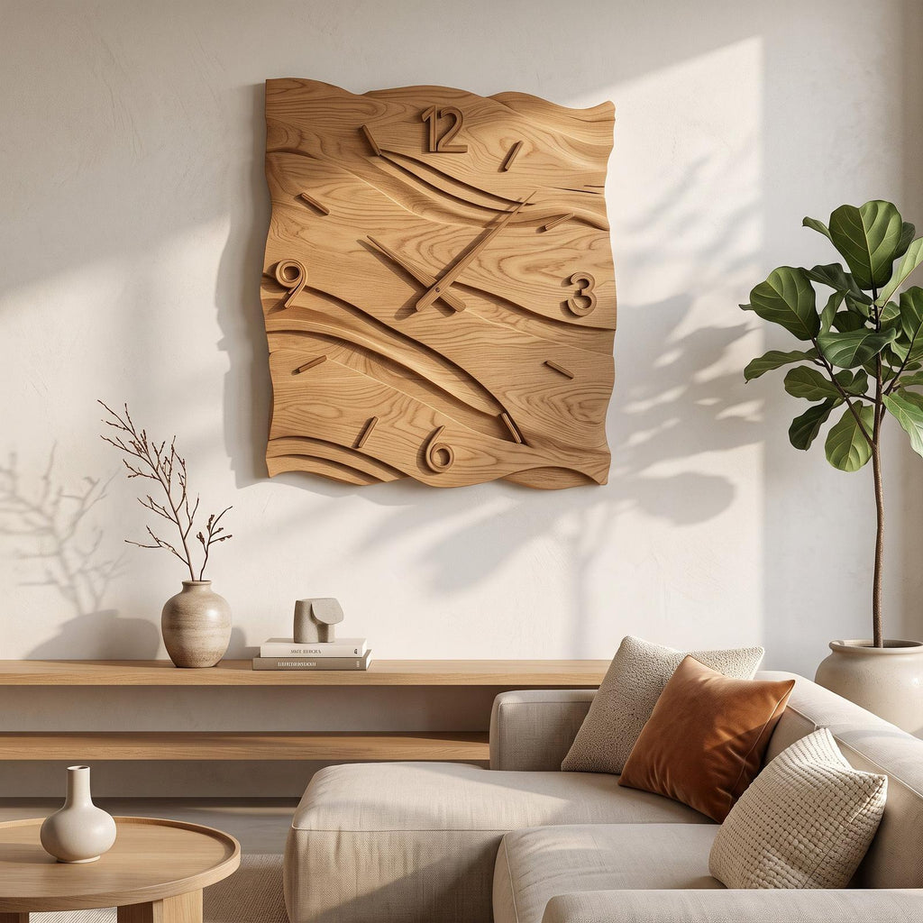 Organic Modern Wood Wave Wall Clock, Handcrafted Solid Wooden Wavy Artistic Timepiece for Home Decor