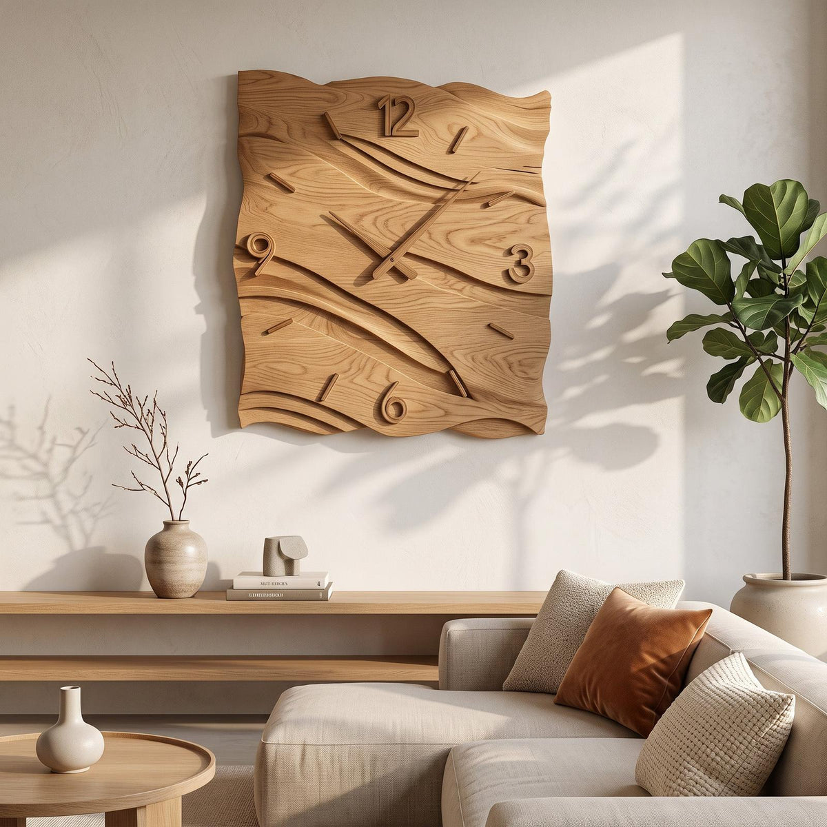 Organic Modern Wood Wave Wall Clock, Handcrafted Solid Wooden Wavy Artistic Timepiece for Home Decor
