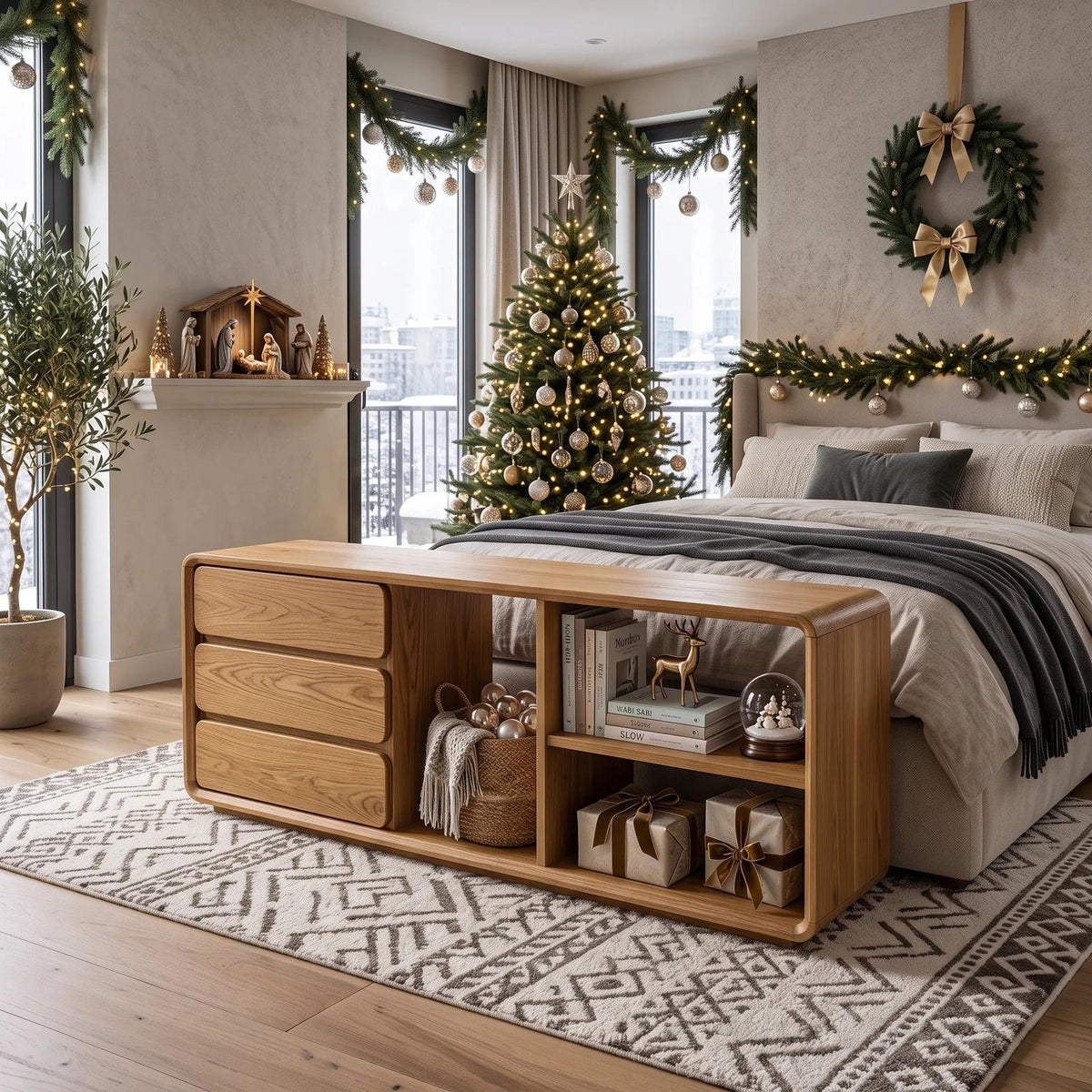 Minimalist Xmas Bedroom Storage Bench Reindeer Decor