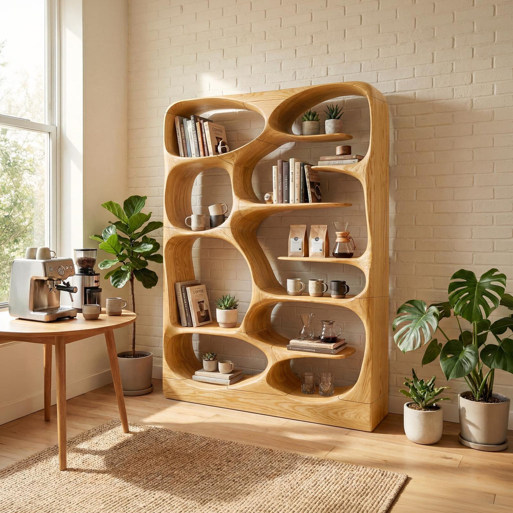 Modern Sculptural Wood Bookshelf, Handcrafted Artistic Storage Organizer Display Case Cabinet for Living Room