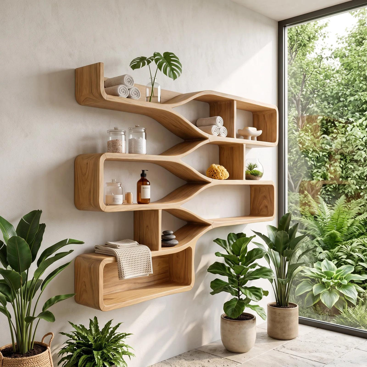 Mid Century Floating Wood Shelves for Bedroom