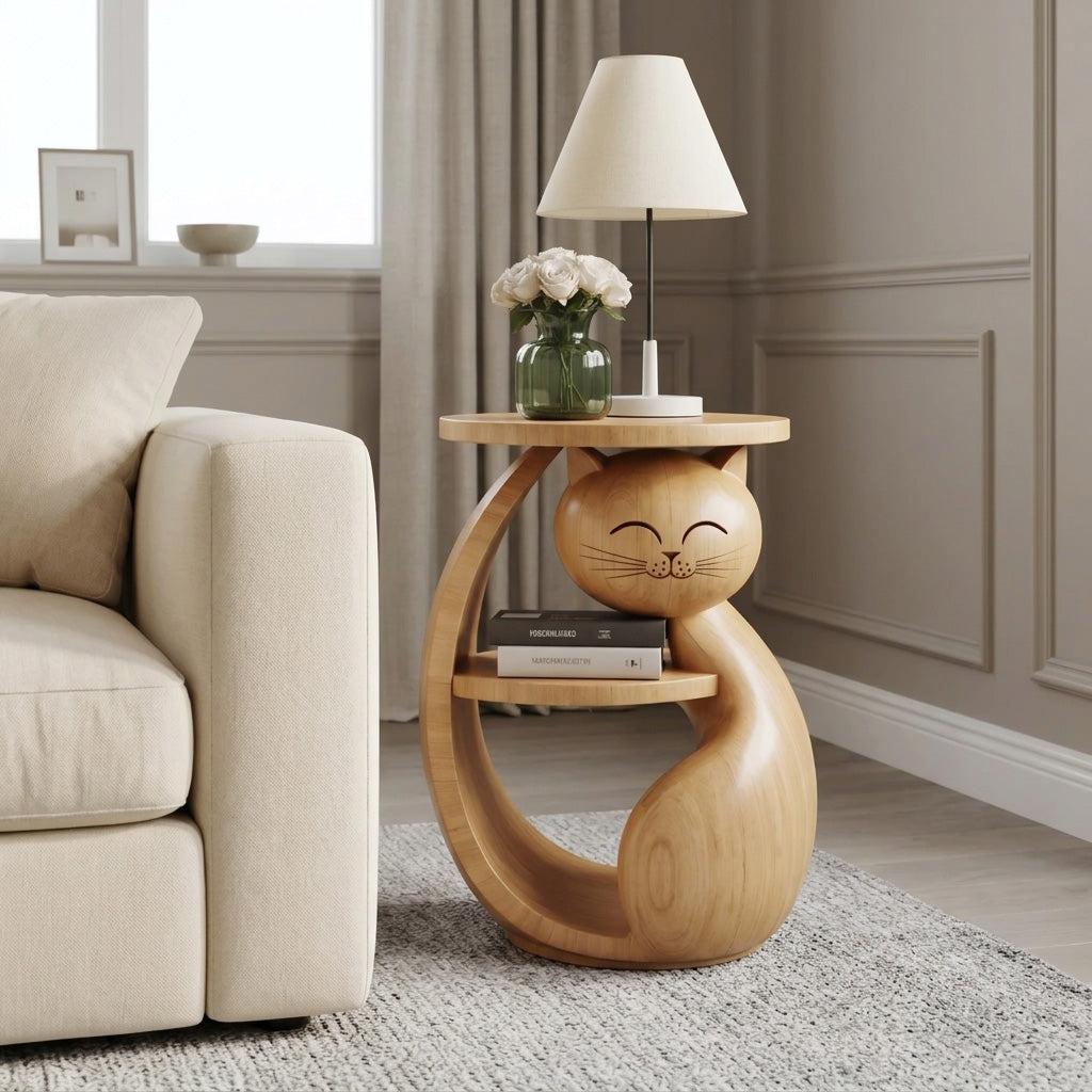 Whimsical Cat Shaped Wooden Side Table With Shelf For Bedroom Or Kids Room