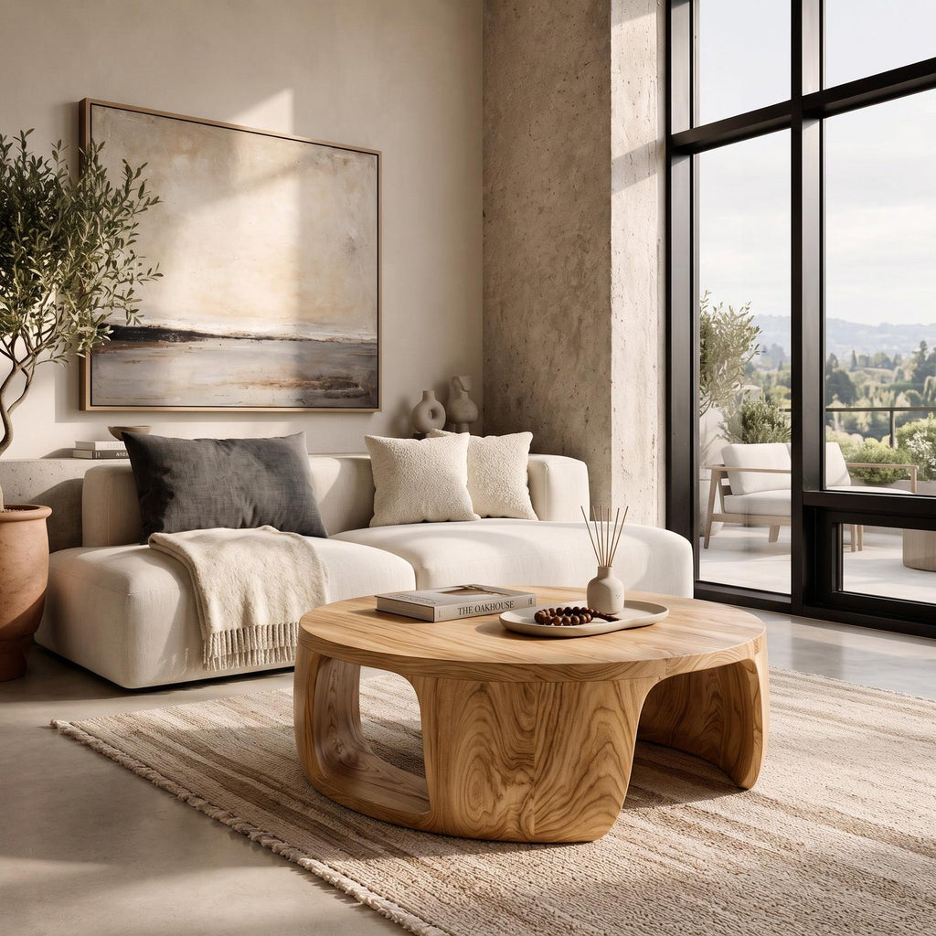 Minimalist Round Wooden Coffee Table with Sculptural Form, Handcrafted Solid Wood Living Room Center Table, Model