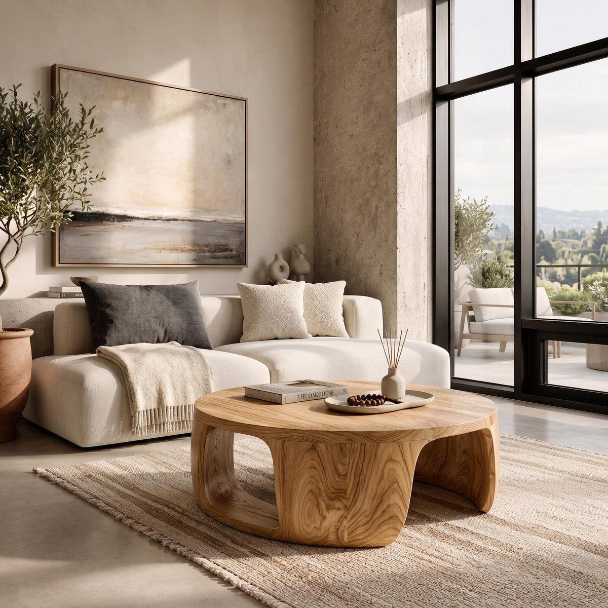 Minimalist Round Wooden Coffee Table with Sculptural Form, Handcrafted Solid Wood Living Room Center Table, Model