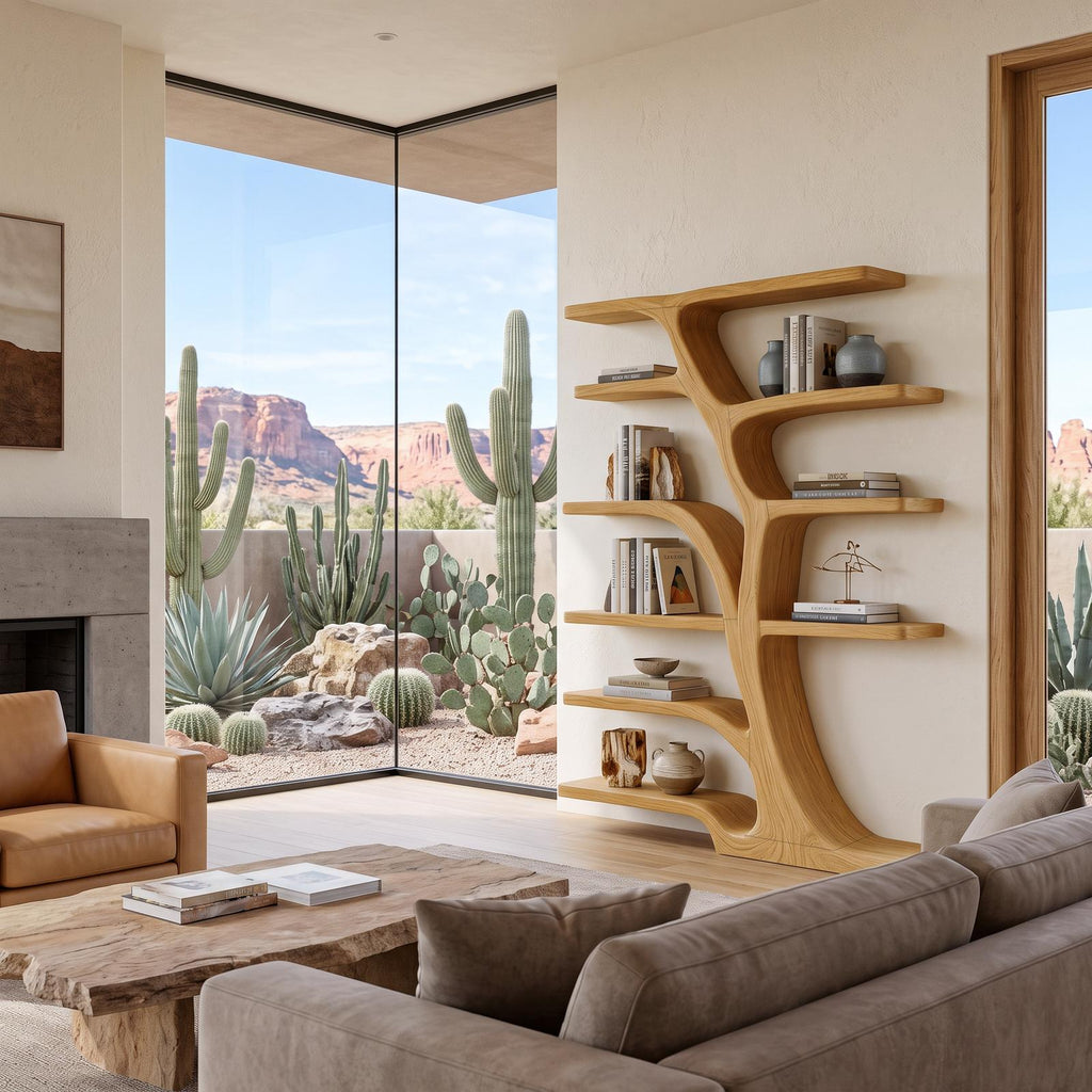 Modern Bookshelf with Flowing Curved Design, Handcrafted Solid Wood Bookcase for Elegant Living Room Display