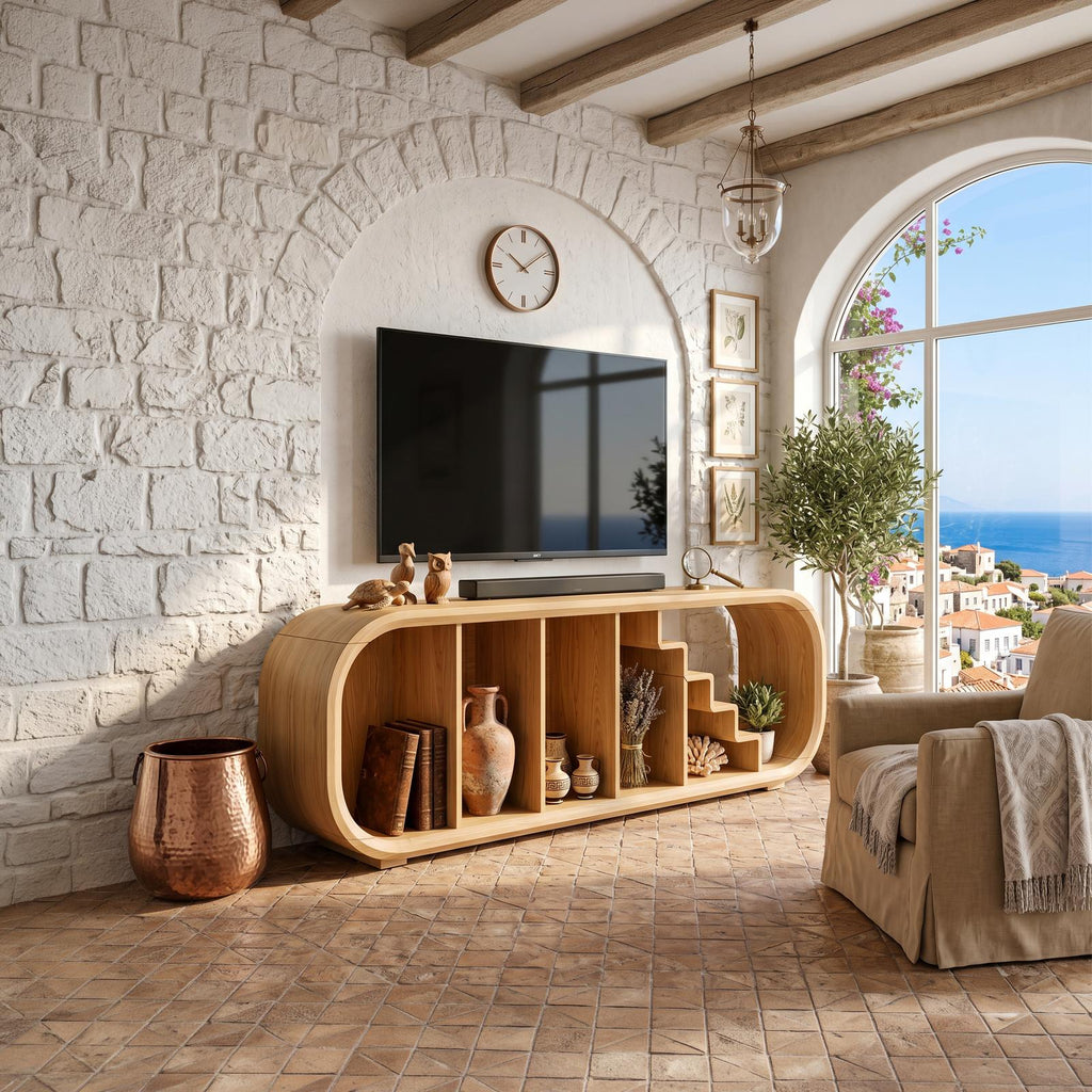Modern Organic TV Console, Handcrafted Wooden Media Cabinet Credenza for Living Room