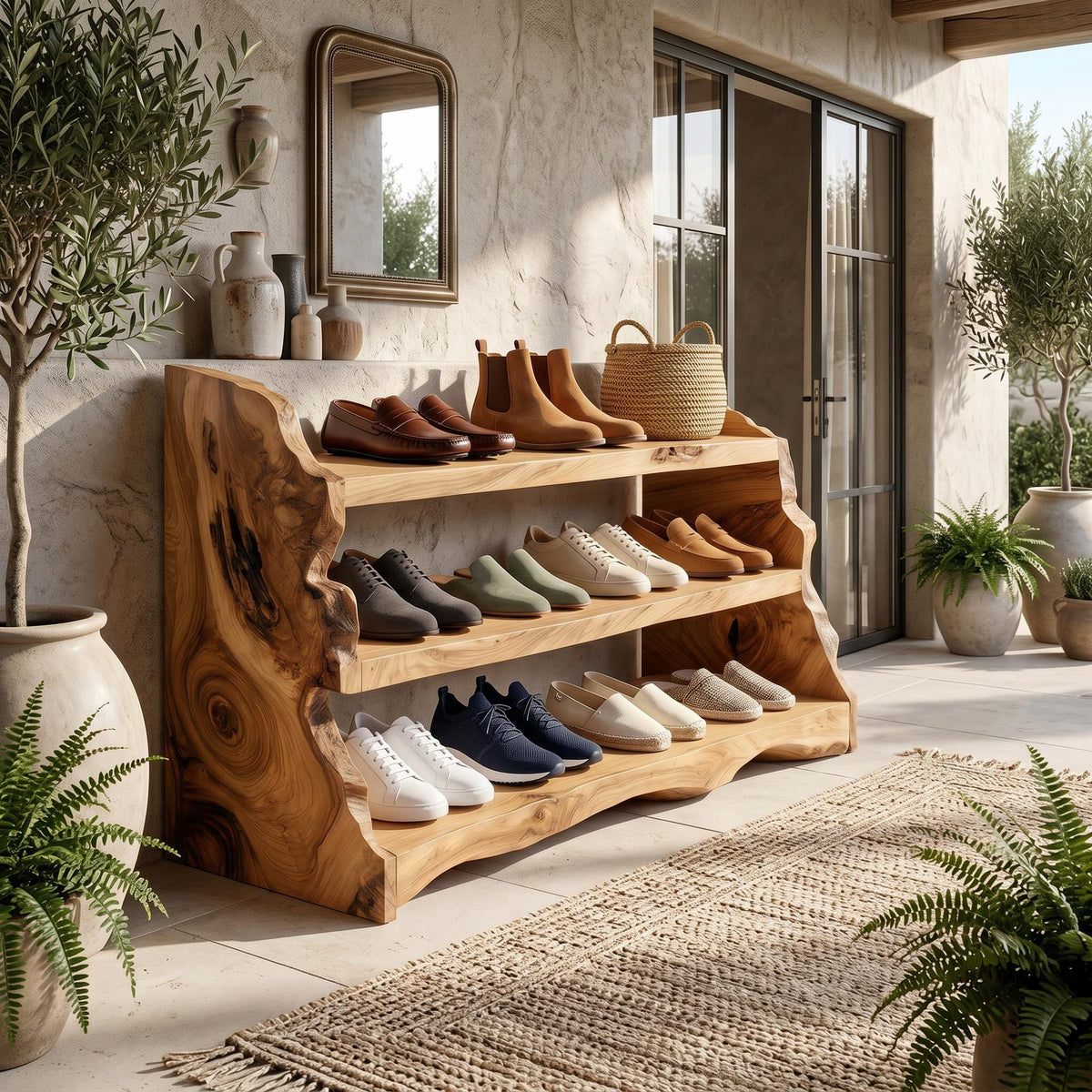 Rustic Vertical Shoe Rack, Space-Saving Tall Wood Shoe Organizer Stand for Cabin & Entryway