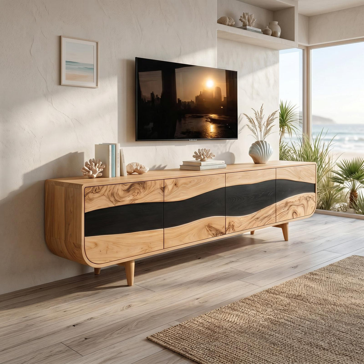 Handcrafted Wooden Live Edge TV Stand, Rustic Solid Wood Media Console & Entertainment Center