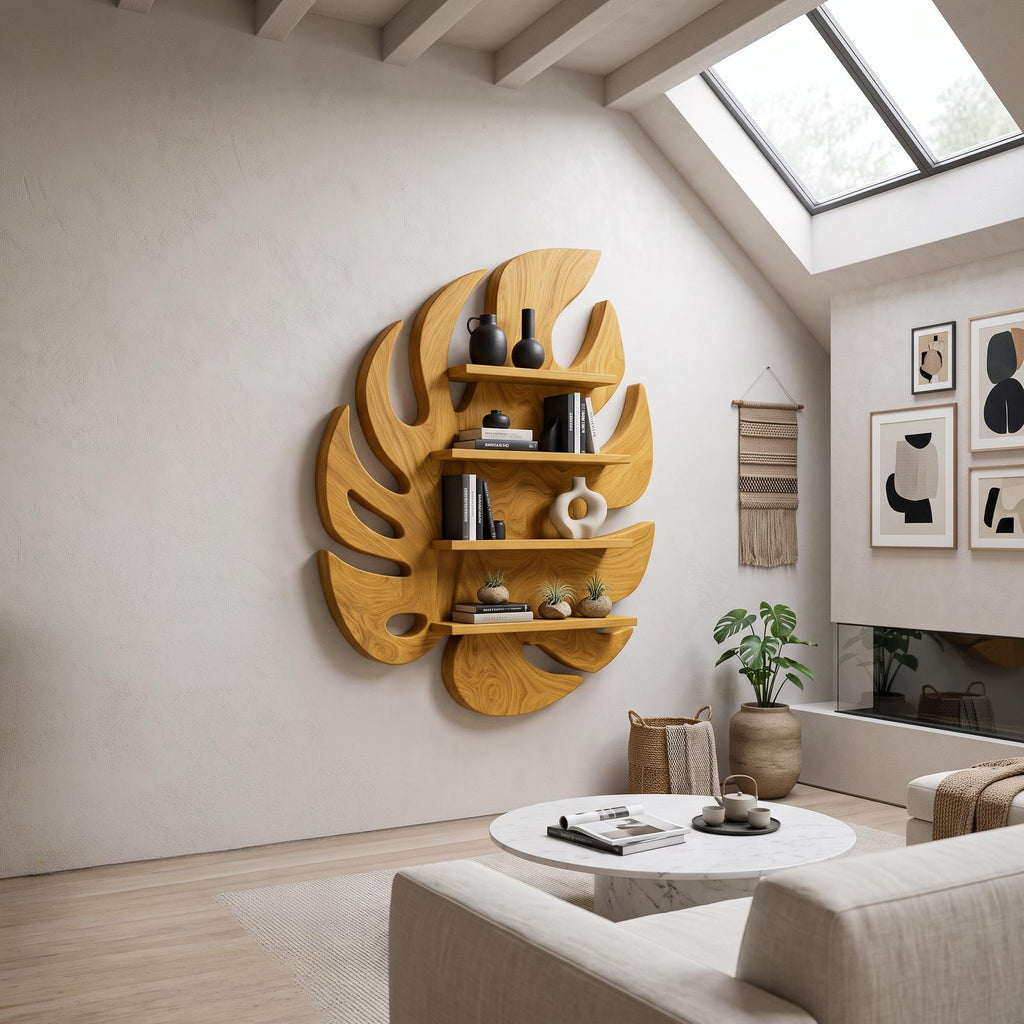 Modern Wooden Leaf Floating Bookshelf, Handcrafted Wall Mounted Solid Wood Display Shelf for Living Room & Nursery