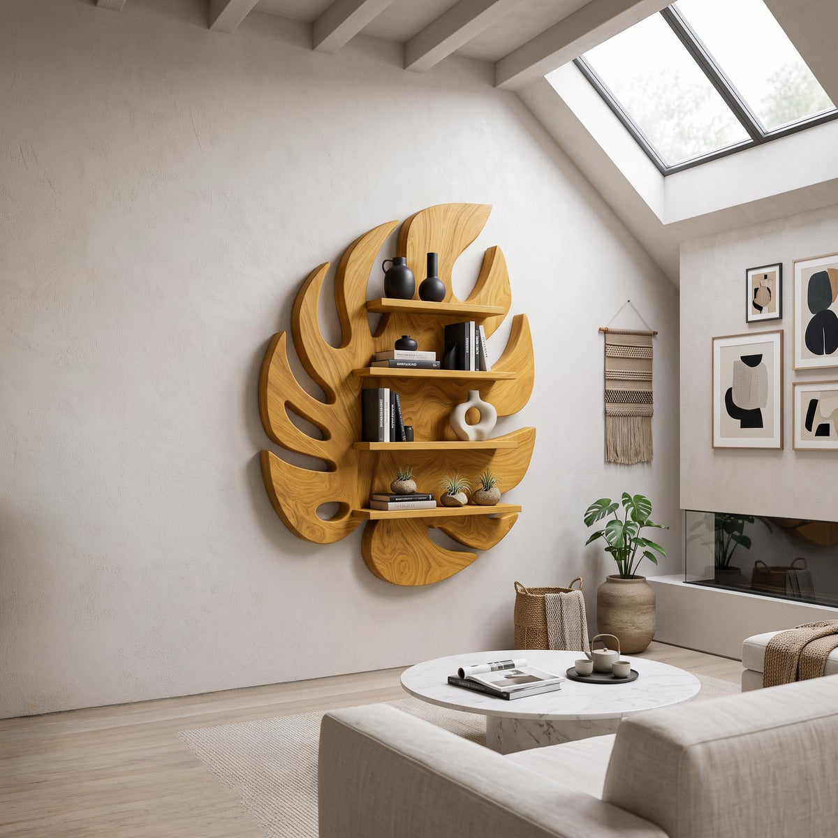 Modern Wooden Leaf Floating Bookshelf, Handcrafted Wall Mounted Solid Wood Display Shelf for Living Room & Nursery