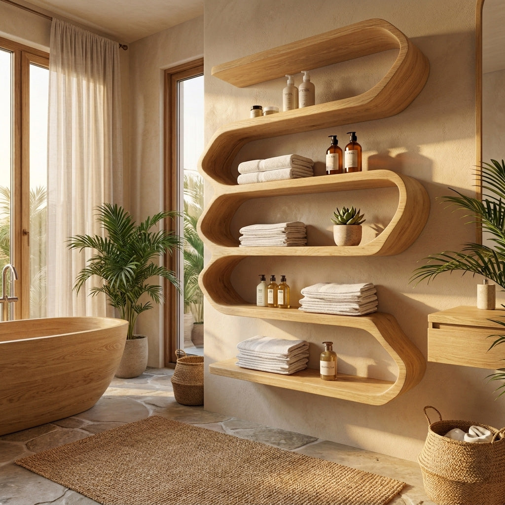 Organic Natural Wood Bathroom Shelf For Spa Style