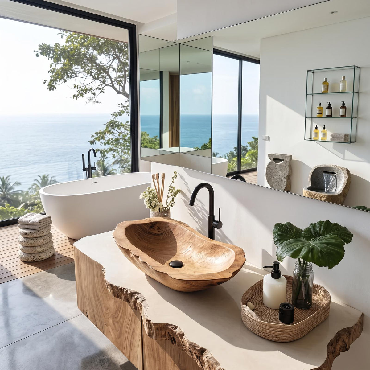 Handcrafted Wooden Vessel Sink, Rustic Natural Solid Wood Bath Bowl Wash Basin for Luxury Bathroom Vanity Countertop