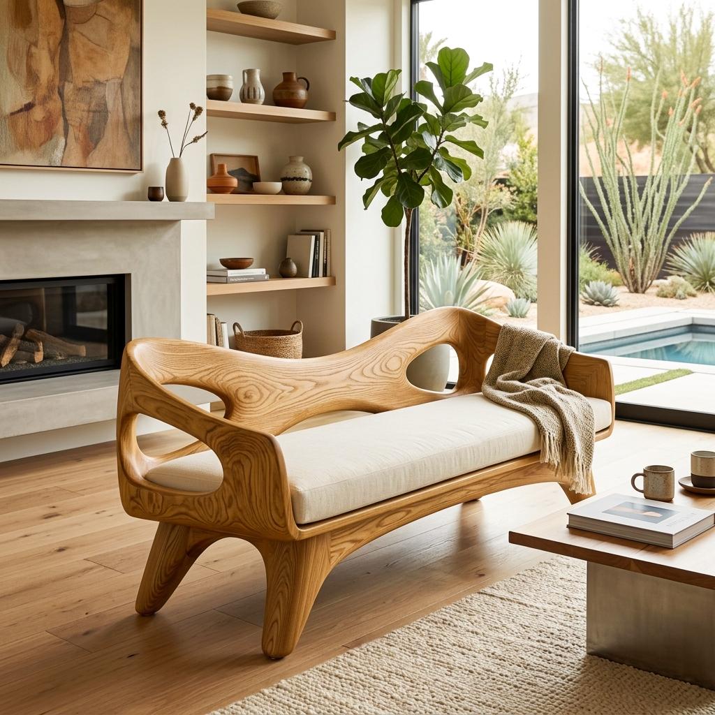 Organic Wooden Sofa with Unique Backrest, Sculptural Solid Wood Loveseat Couch for Living Room & Lounge, Model