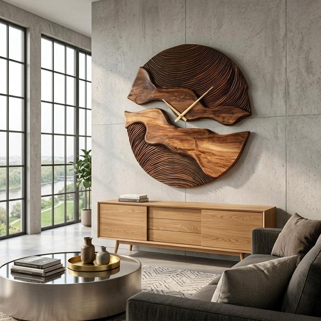 Organic Wooden Wall Clock, Handcrafted Unique Shape Solid Wood Timepiece for Designer Living Room