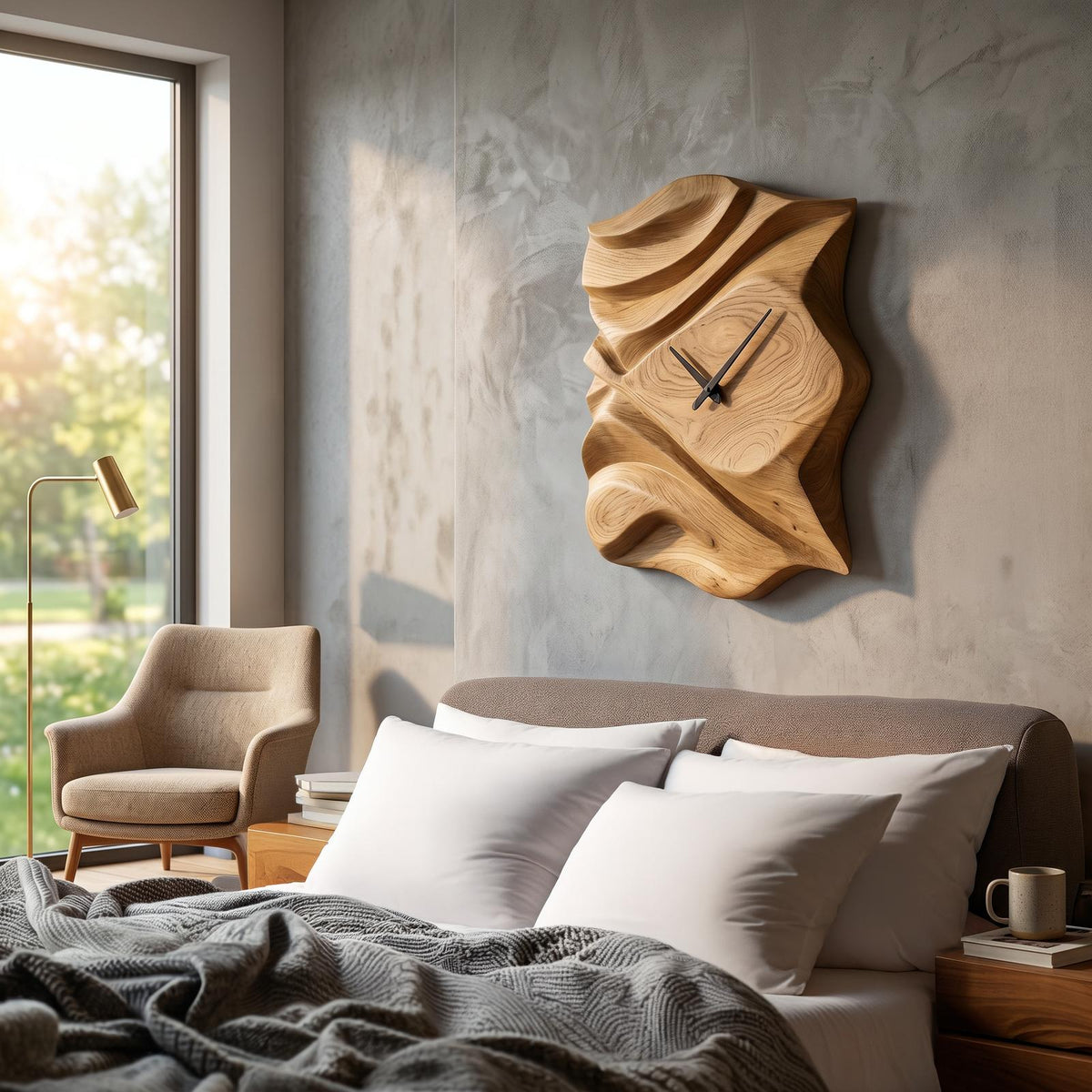 Contemporary Wooden Wall Clock, Hand-Carved Abstract Wave Wood Accent Clock for Bedroom & Living Room Decor