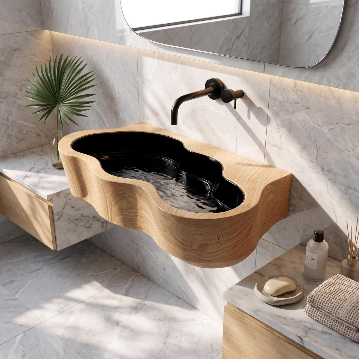 Modern Live Edge Wooden Vessel Sink, Contemporary Solid Wood Bathroom Wash Basin for Vanity Top