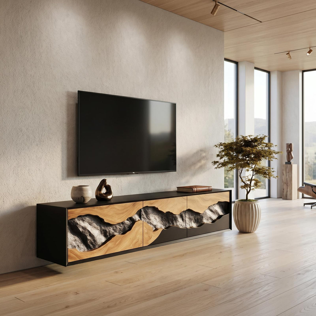 Handcrafted Wooden TV Console Cabinet, Mid Century Solid Wood Entertainment Media Stand for Cozy Living Room