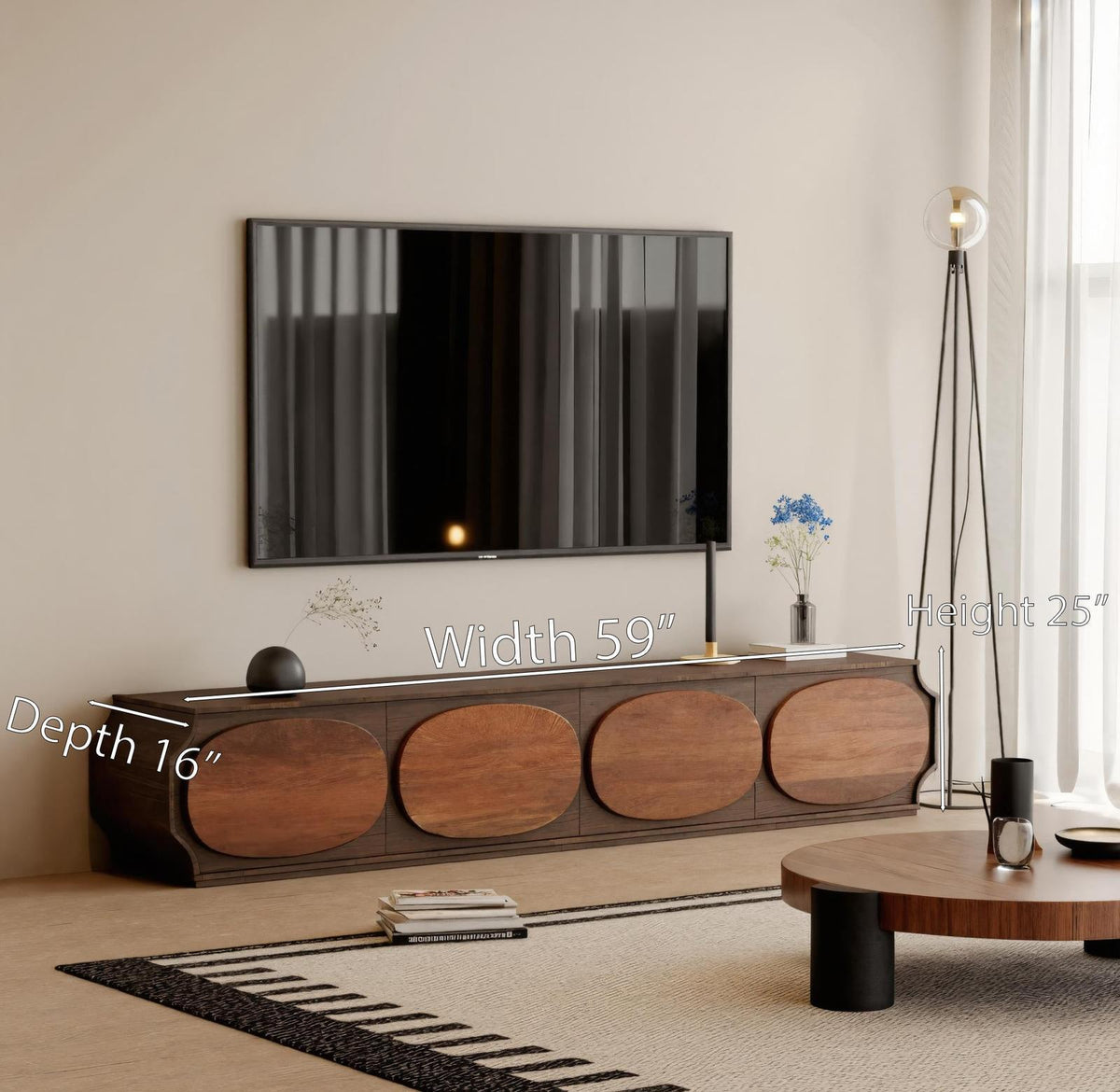 Modern Rounded Wood TV Console, Curved Media Stand & Entertainment Center Cabinet for Living Room