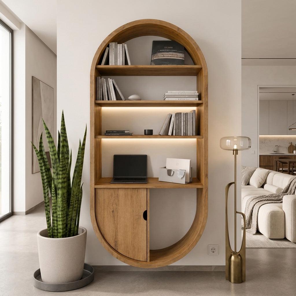 Arched Wooden Wall Bookshelf with Cabinet & Lighting, Solid Wood Storage Bookcase for Living Room, Home Office