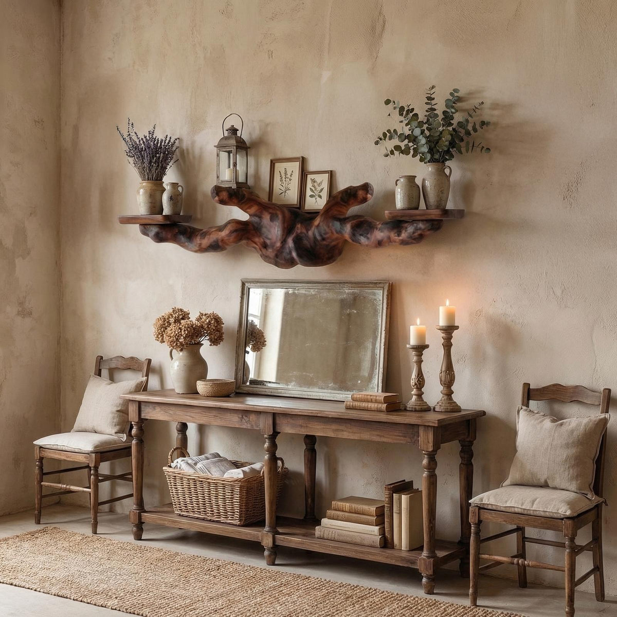 Rustic Floating Shelf, Solid Wood Wall Mounted Display Ledge for Living Room & Bedroom