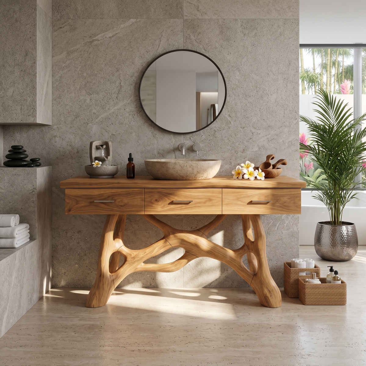 Natural Wood Sink Vanity with Drawers, Handcrafted Solid Wood Master Bathroom Storage Cabinet Console