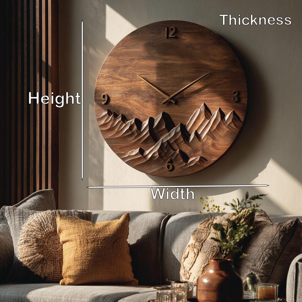 Modern Wall Clock Mountain Landscape, Handcrafted Wooden Hanging Art Timepiece for Cozy Living Room