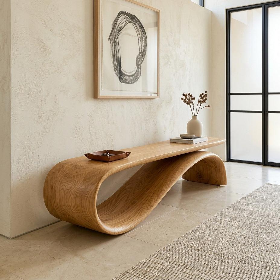 Modern Sculptural Wood Bench, Contemporary Entryway Hallway Seating, Unique Timber Dining Accent Bench