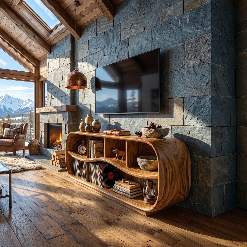 Contemporary Rounded TV Console, Modern Wooden Media Cabinet & Living Room Sideboard