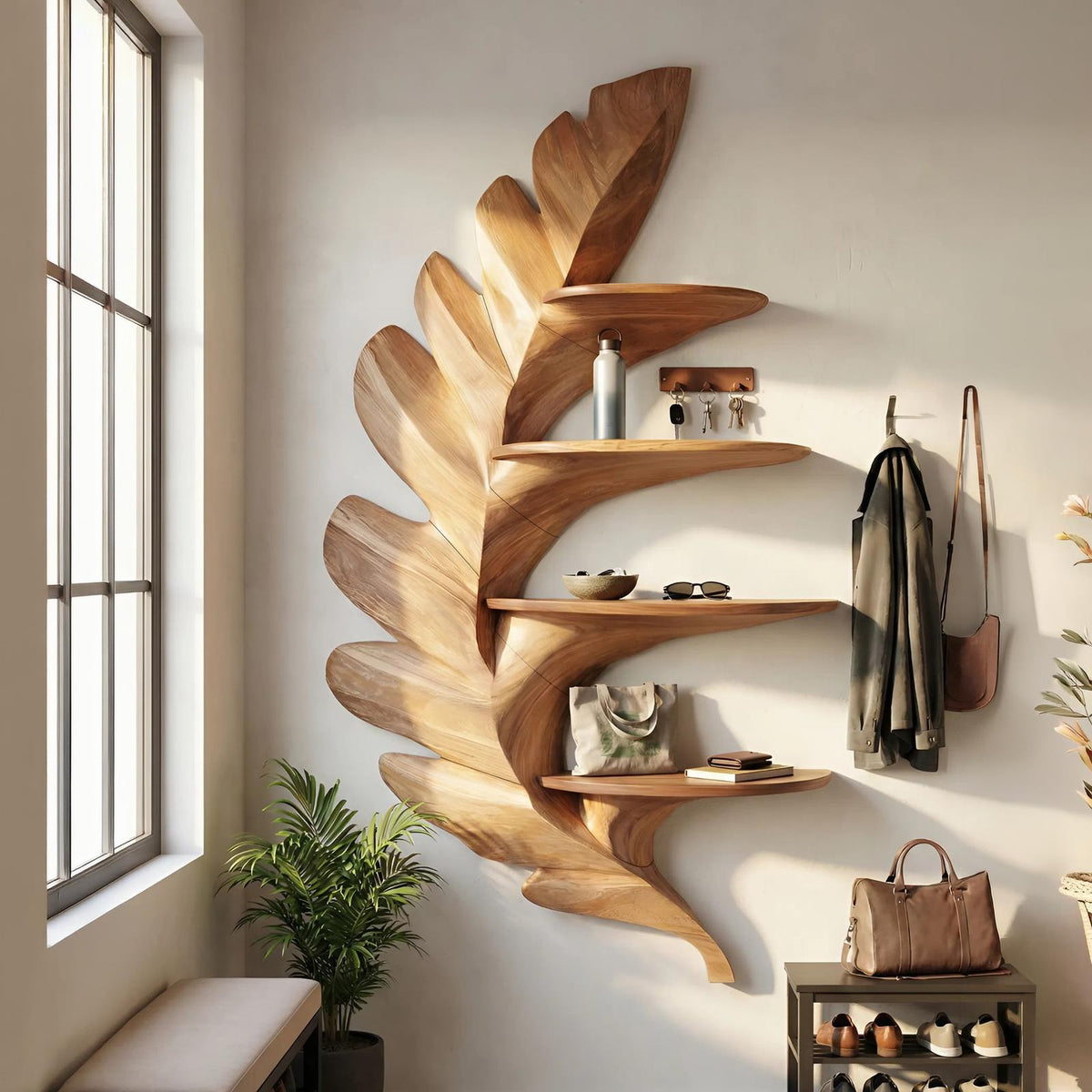 Contemporary Floating Wall Shelf, Handcrafted Minimalist Solid Wood Entrance Storage Organizer & Display Rack