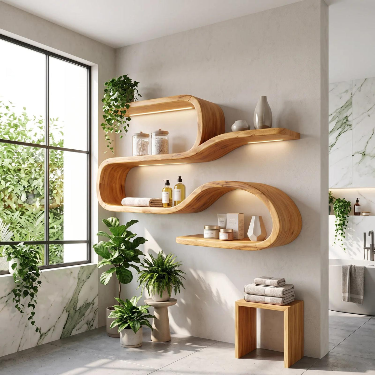 Mid Century Curved Wood Shelves for Coffee Bar