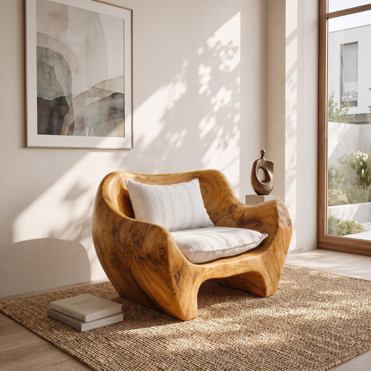 Spry Interior Modern Sculpted Wooden Armchair, Organic Accent Lounge Chair for Living Room Reading Corner, Model SITHHNCHR039