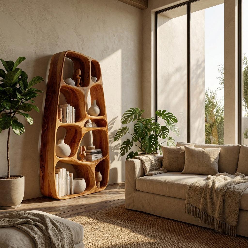 Handcrafted Wooden Sculptural Bookshelf, Solid Wood Standing Bookcase for Modern Living Room & Office Decor