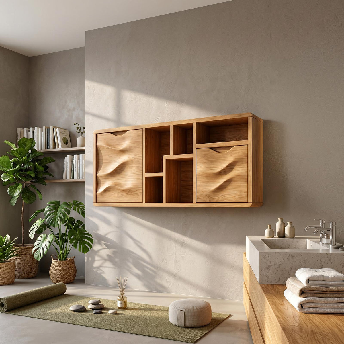 Spry Interior Organic Wave Panel Bathroom Cabinet, Solid Wood Spa Lounge Wall Mounted Storage Vanity, SILDTTRBRC013