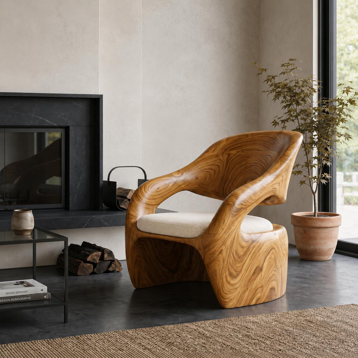 Organic Sculptural Wood Lounge Chair, Unique Accent Armchair Seating for Living Room, Bedroom or Reading Nook