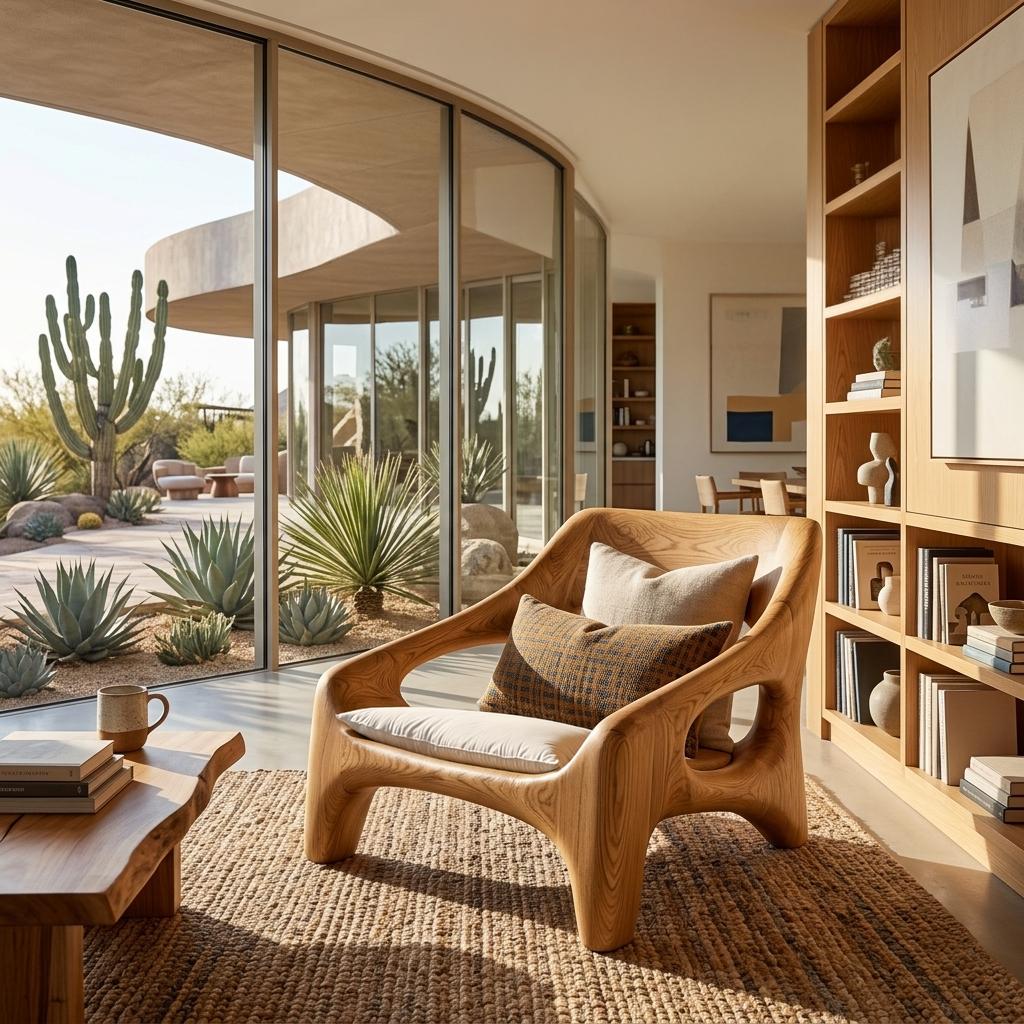 Contemporary Sculptural Wooden Chair, Handcrafted Solid Wood Outdoor Patio & Front Porch Accent Armchair