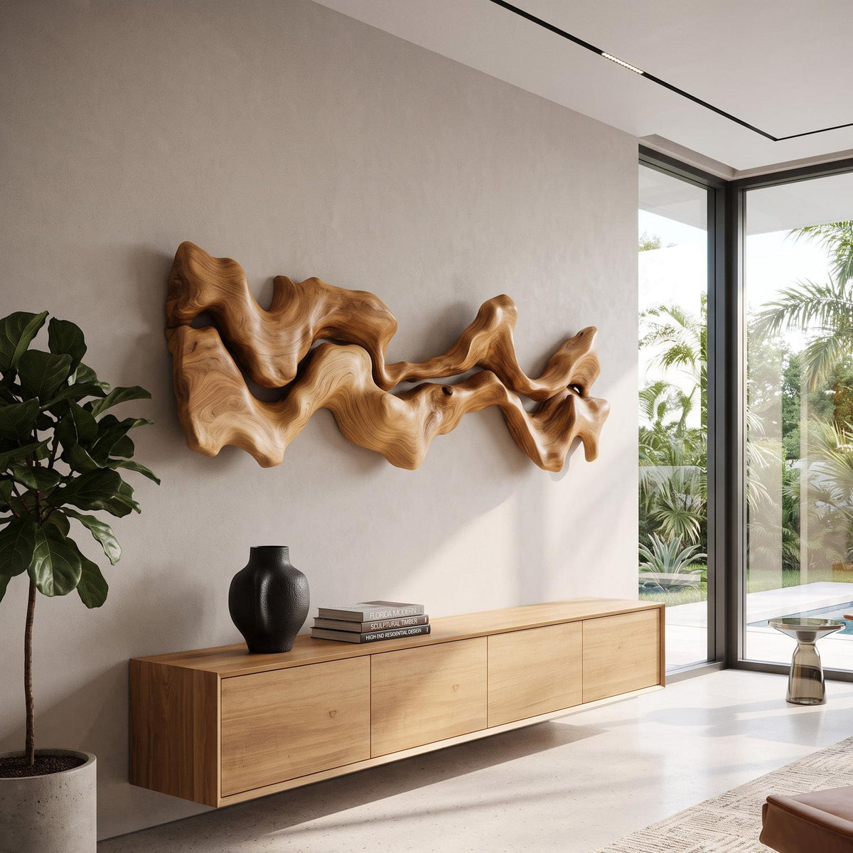 Abstract Hand-Carved Wall Art Sculpture, Modernist 3D Geometric Wooden Panel Decor for Bedroom Living Room