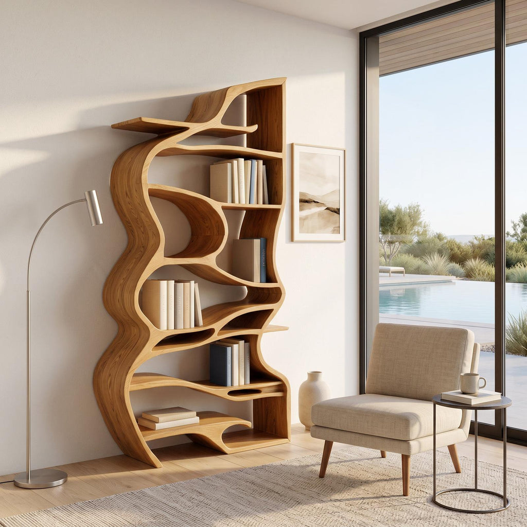 Handcrafted Sculpted Bookshelf With Organic Design For Living Room Or Office