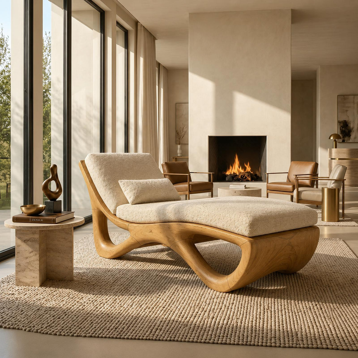 Spry Interior Luxury Organic Modern Wood Chaise Lounge, High-End Residential Daybed Sofa for Living Room, SILDTTRDB007