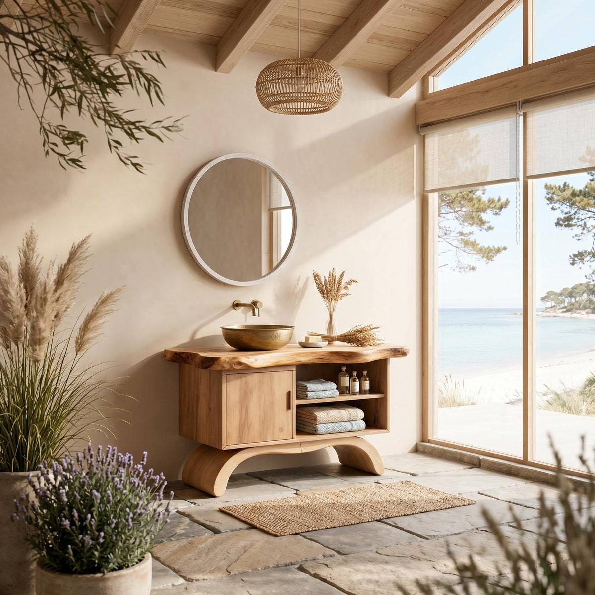 Spry Interior Minimalist Organic Wood Bathroom Vanity, Floating Single Basin Sink Cabinet with Open Shelf Storage for Restroom, SILDTTNBRV065